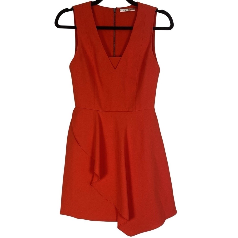 Alice + Olivia Sz 2 Asymmetrical Mini Dress Red V‎ Neck Cocktail Party Zip READ